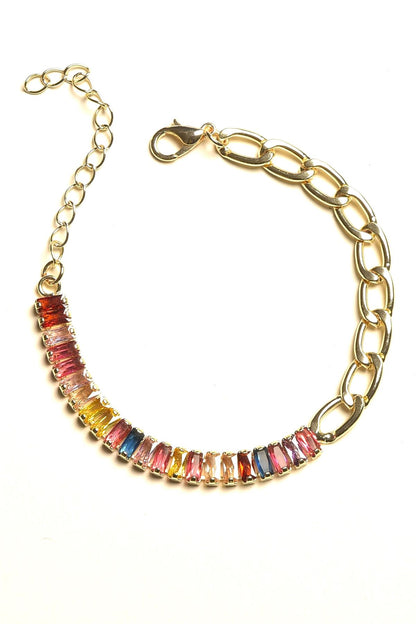  Gullfarget armbånd i stål med fargerike steiner, 15 cm + 3 cm