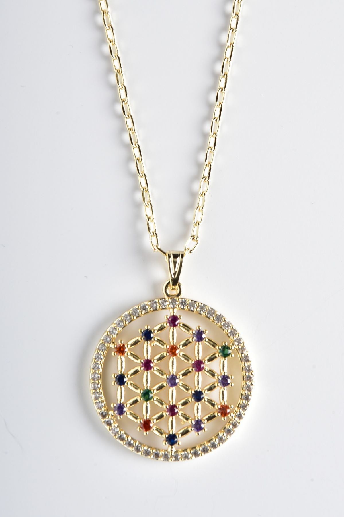 Livets Blomst halskjede i stålsølv, 2,7 cm anheng med 55 cm kjede, symboliserer universets perfeksjon og energiforbindelse.