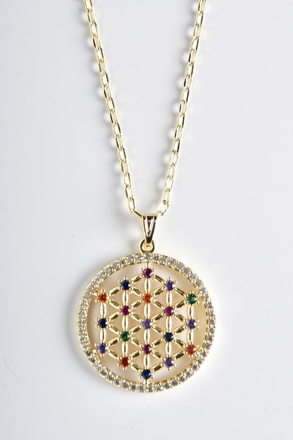 Livets Blomst halskjede i stålsølv, 2,7 cm anheng med 55 cm kjede, symboliserer universets perfeksjon og energiforbindelse.