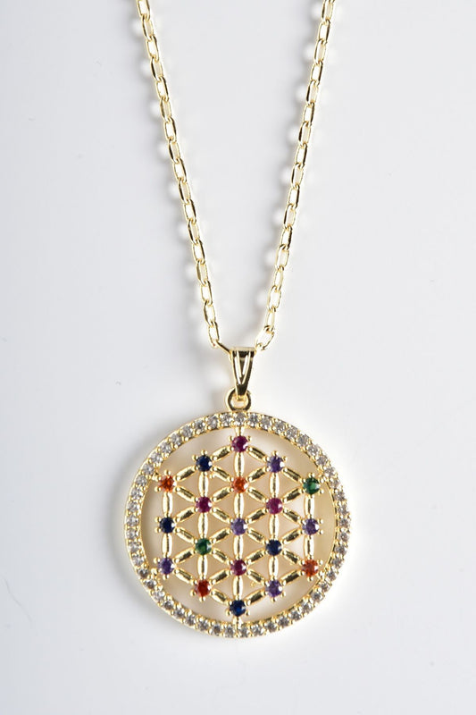 Livets Blomst halskjede i stålsølv, 2,7 cm anheng med 55 cm kjede, symboliserer universets perfeksjon og energiforbindelse.