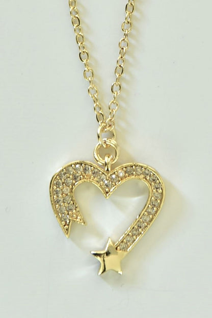 Stjernehjerte halskjede i gullfarge med zirkonstein, 38 cm + 5 cm lengde.